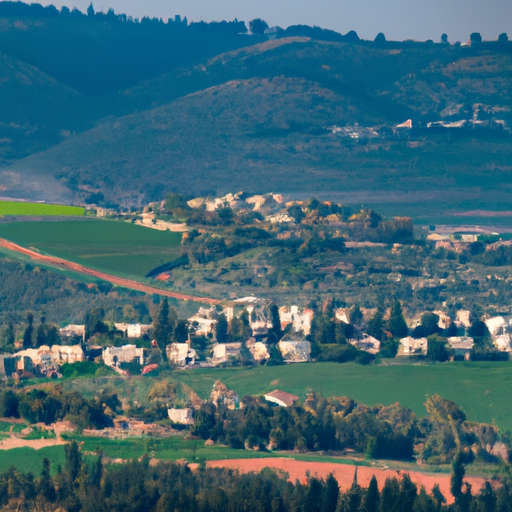 נוף פנורמי של קיבוץ שופע השוכן בין גבעות מתגלגלות.